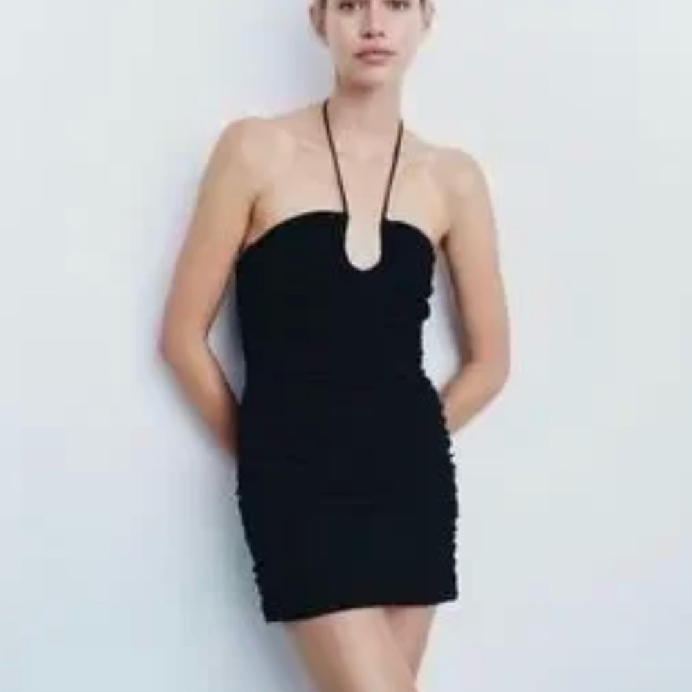 Zara Black and Tan Halter Bodycon Dress